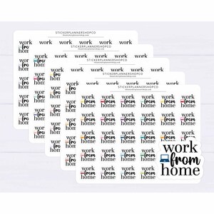 May include: A sheet of colorful stickers with the text "work from home" in black script. The stickers feature a variety of laptop and computer icons in different colors.