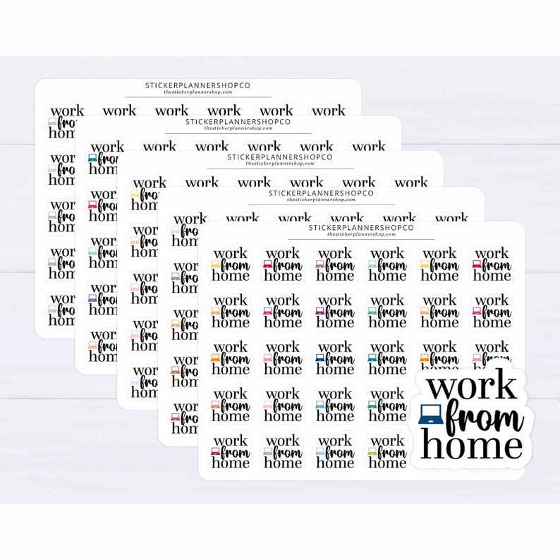 May include: A sheet of colorful stickers with the text "work from home" in black script. The stickers feature a variety of laptop and computer icons in different colors.