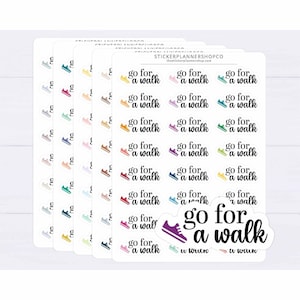May include: A sticker sheet featuring multiple rows of small, colourful trainer icons paired with the black text "go for a walk." The sheet includes various pastel and bold coloured shoe illustrations, with one larger die-cut sticker at the bottom.