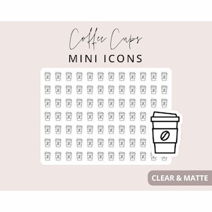 May include: A sticker sheet featuring rows of small black and white coffee cup icons with the text Coffee Cups MINI ICONS at the top and CLEAR & MATTE at the bottom. A single larger coffee cup icon with a coffee bean graphic is displayed on the right.