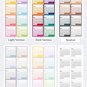 May include: Six sheets of rectangular planner stickers featuring monthly calendar grids. Each sheet contains twelve individual calendar blocks with space for notes at the top. The sets are labelled Light Various, Dark Various, Neutral, Flora, Pastel, and White.