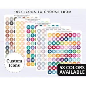 May include: Five sheets of circular planner stickers featuring various icons including cakes, palettes, asterisks, calendars, and boxes. The text 100+ ICONS TO CHOOSE FROM, STICKERPLANNERSHOPCO, Custom Icons, and 58 COLORS AVAILABLE is printed on the sheets.