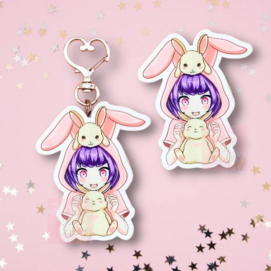 Cute Bunny Hugs Acrylic Keychain With Gold Heart Clasp, Anime, Rabbit ...
