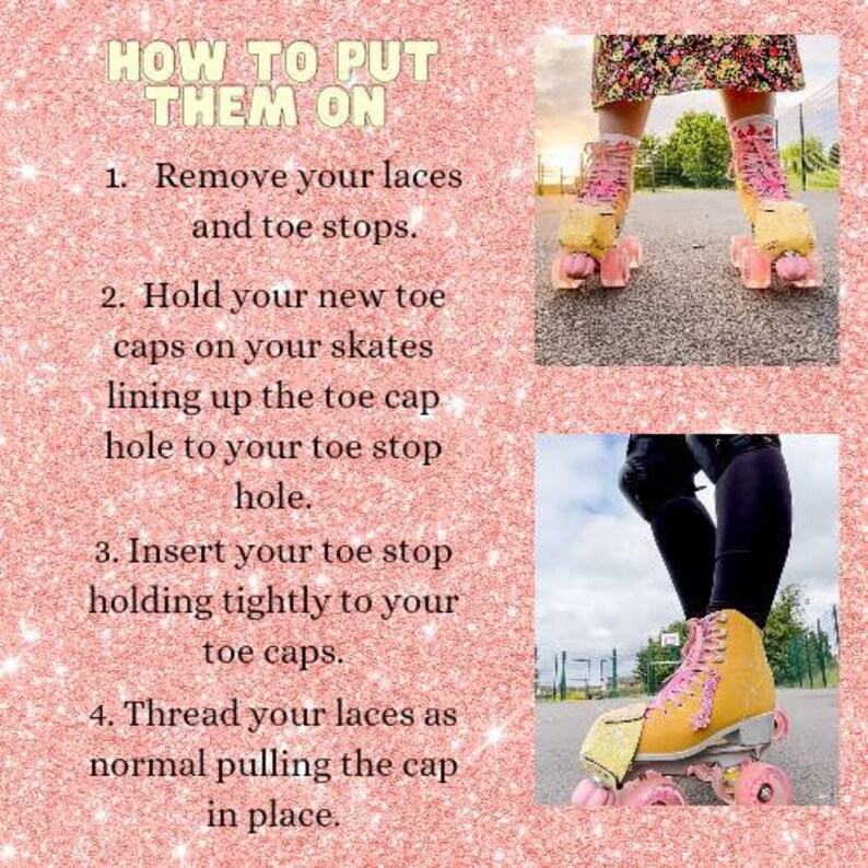 Step by step guide with photos on how to put roller skate toe guards on roller skates.