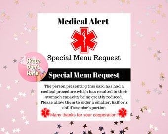 Bariatric Surgery Medical Alert Card, Small Eaters, Gastric Sleeve, Gastric Bypass, Gastric Balloon, Weight Loss Surgery, Special Menu Card