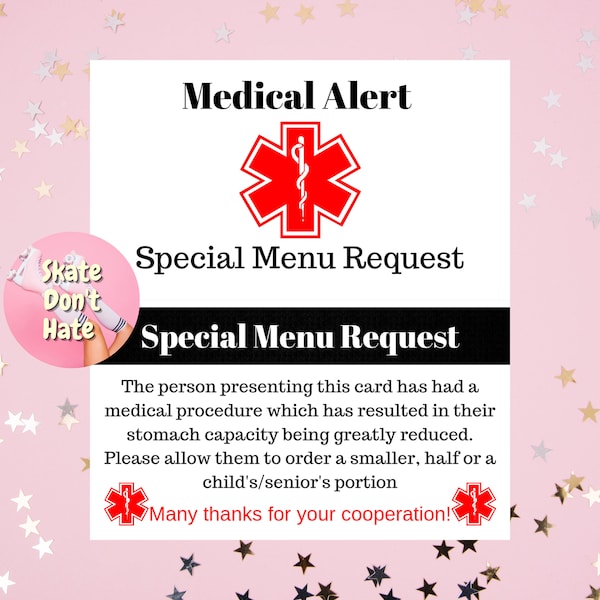 Bariatric Surgery Medical Alert Card, Small Eaters, Gastric Sleeve, Gastric Bypass, Gastric Balloon, Weight Loss Surgery, Special Menu Card