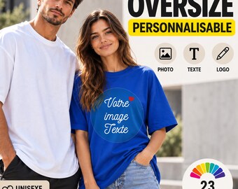 T-shirt oversize personnalisable unisexe, photo logo ou texte, T-shirt personnalisé homme femme, cadeau personnalisé