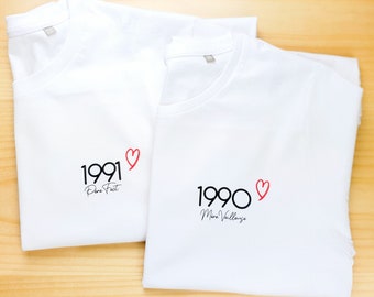 T-shirt date coeur / t-shirt famille / t-shirt mère veilleuse / T-shirt assorti / T-shirt année de naissance