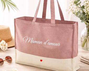 Sac cabas personnalisé coton – Cadeau fête des mères, Maman d'amour, mamie – Tote bag bicolore personnalisé prénom – Sac shopping grand