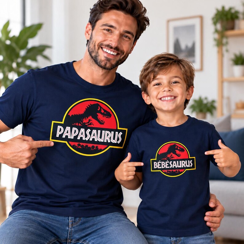 Op de afbeelding: Twee donkerblauwe T-shirts met korte mouwen en een cirkelvormige afbeelding met een rode achtergrond, een zwart dinosaurus-silhouet en een gele rand. Het grotere shirt toont de tekst PAPASAURUS en het kleinere shirt B&Eacute;B&Eacute;SAURUS.