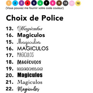 May include: A graphic showing different font styles for the word "Magiculos" in black text. The font styles are numbered 13 through 22. The graphic also shows a color palette with 12 different colors numbered 1 through 12.