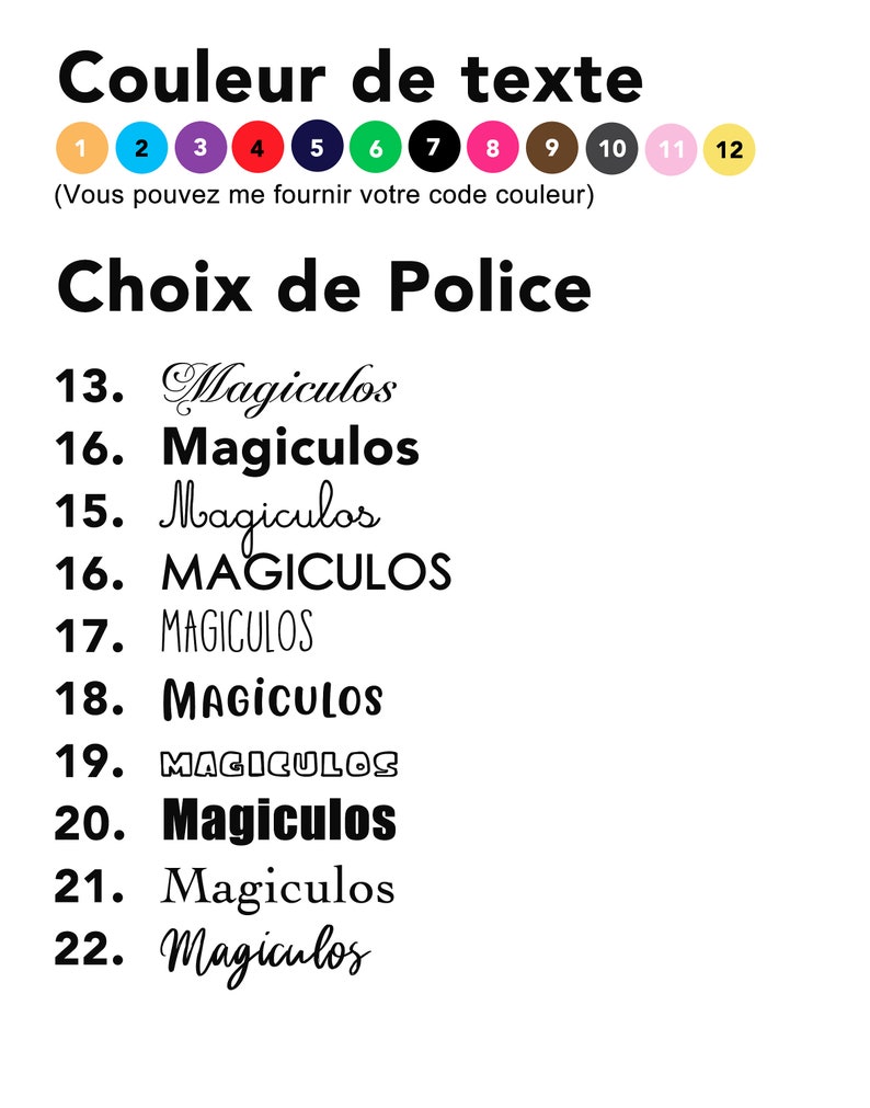May include: A graphic showing different font styles for the word "Magiculos" in black text. The font styles are numbered 13 through 22. The graphic also shows a color palette with 12 different colors numbered 1 through 12.