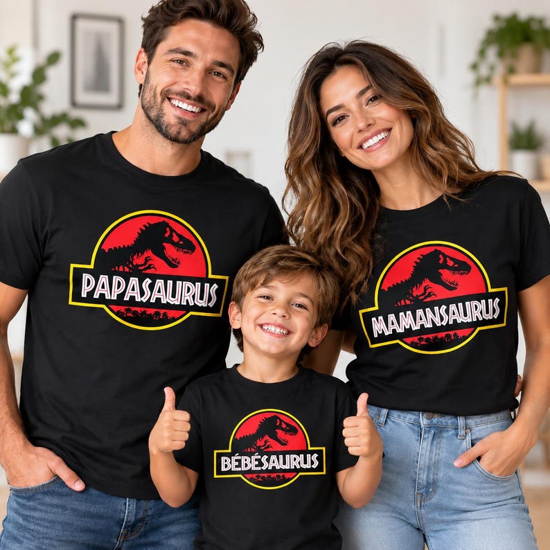 Op de afbeelding: Drie zwarte t-shirts met een cirkelvormig logo met een rode achtergrond en een zwart silhouet van een dinosaurus. De shirts tonen de tekst PAPASAURUS, MAMANSAURUS en B&Eacute;B&Eacute;SAURUS in witte hoofdletters binnen een geel omrand grafisch ontwerp.