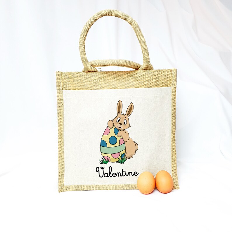 Cabas en jute personnalisable PAQUES Cabas personnalisé Pâques Sac lapin pâques Sac récolte des oeufs chocolat image 1