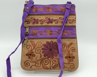 Shoulder Bag, Suede, Crossbody, Hand Made & Embroidered, Five Zipper Pocket, Passport Bag