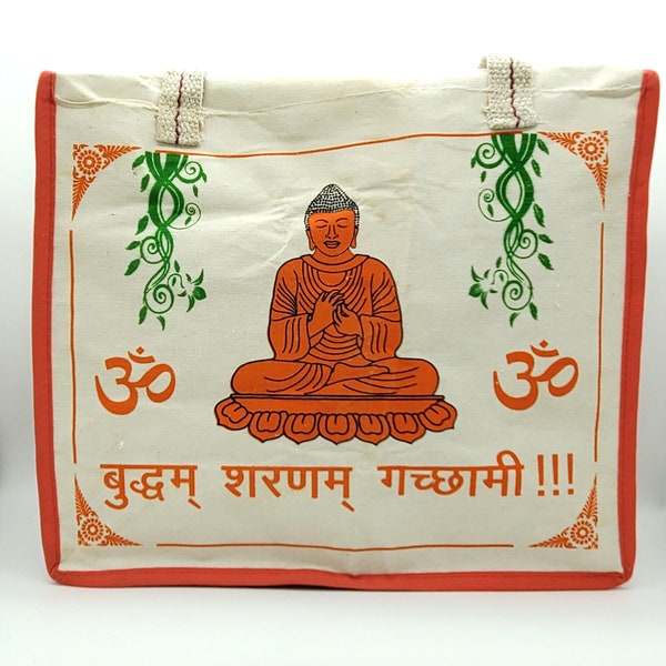 Buddha Tote Sturdy Canvas Shopping Bag, Praying Buddha & Om Mantra, Sturdy Straps w/ Zipper Closure, 10" x 16", Double Sided, Handmade