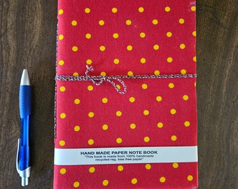 Handmade Polka Dot Journal: Block Printed Fabric Cover, Upcycled Cotton Paper
