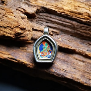 Gandhanra Antique Handmade Gau Ghau Shrine, Green Tara/Guru Rinpoche,Mini Size Tibetan Buddhist Altar Amulet Pendant,Made of White Copper
