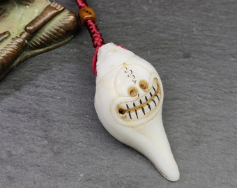 Gandhanra Tibetan Buddhism Amulet,Hand Carved White Conch Shell Shankha with Skull Citipati Symbol,Tibetan Ritual Implement - 2.36" × 1.18"