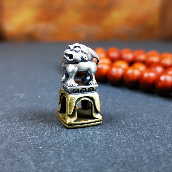 Gandhanra Tibetan Buddhism Seal Amulet,Snow Lion Shape with Kalachakra Symbol,Handmade of Silver and Brass, 0.9"