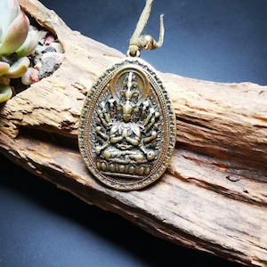 Gandhanra Antique Tibetan Buddhist Protective Pendant,Double Sided Avalokitesvara Amulet,Padmapani,Kuanyin Pendant,Made of Brass