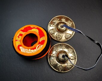 Gandhanra 2.7" Tibetan Cymbals,Astamangal Pattern Tingsha Bell,Buddhism Ritual Implement,Handmade in Nepal