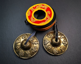Gandhanra 6.5cm Tibetan Cymbals,Tingsha Bell,Buddhism Ritual Implement,Handmade in Nepal,Astamangal Pattern