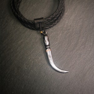 Gandhanra Handmade Tibetan Amulet ,Skull Wolf Tooth Pendant with Leather Cord,Made of Cold Iron inlaid Copper,2.16&quot;