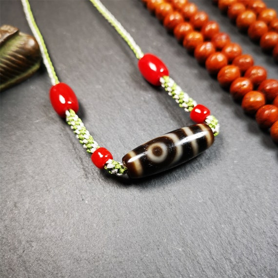 Gandhanra Antique Tibetan 2 Eyed Dzi Bead Necklace, 1.2