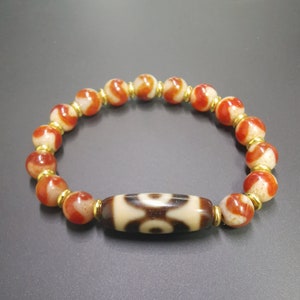 Gandhanra Tibetan Dzi Bead Bracelet,Fire Agate 3 Eyes Dzi Bead Bracelet,Protective Amulet Bead Jewelry