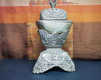 Juego de copas de calavera Kapala tibetanas hechas a mano: cuenco de ofrenda de cobre blanco