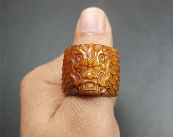Gandhanra Handmade Big Thumb Ring for Men,Yak Bone Carved,Dragon Pattern,0.87"