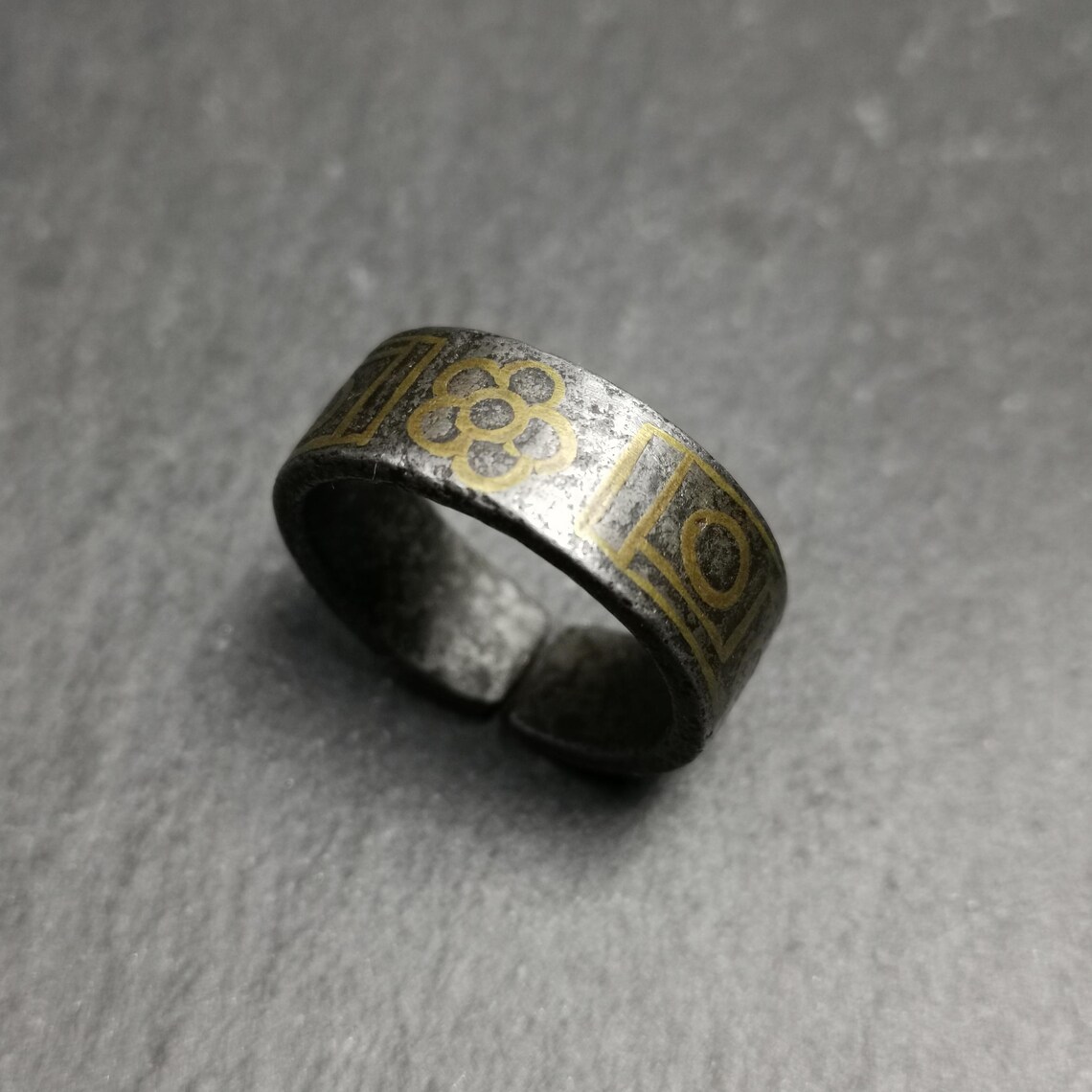 Handcrafted Tibetan Dzi Ring: Cold Iron & Copper Inlay, Adjustable - Etsy