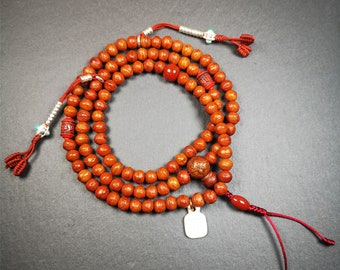 Gandhanra Old 108 Bodhi Beads Mala + Agate Beads + Bead Counters,Prayer Beads Necklace for Meditation,Diameter 8mm, Circumference 84cm