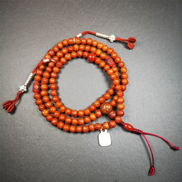 Gandhanra Old 108 Bodhi Perlen Mala + Achat Perlen + Perlenzähler,Gebetsperlen Halskette für Meditation,Durchmesser 8mm, Umfang 84cm