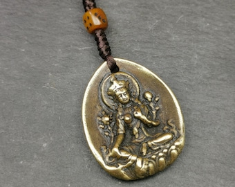 Amulette protectrice bouddhiste tibétaine antique Gandhanra, pendentif Tara verte, dolma Jetsun, en laiton