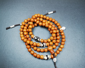 Gandhanra Old Tibetan Mala, 10mm / 0.4" 108 Bodhi Seed Beads + Dzi Beads,Prayer Beads,Tibetan Rosary for Meditation,Circumference 40"