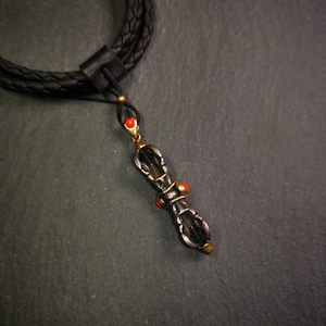 Gandhanra Tibetan Buddhist Amulet,Five-pronged Dorje Vajra Pendant with Leather Chord,Made of Cold Iron,1.77&quot;
