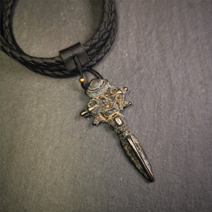 Gandhanra Antique Tibetan Amulet Necklace,Cross Vajra Phurba,Kila(Dorje Phurba) ,Made of Thokcha,70 Years Old,2.36"