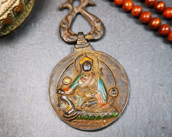 Insigne de calendrier bouddhiste tibétain vintage Gandhanra, miroir Guru Rinpoché Melong, amulette SIPAHO (srid pa ho), fabriqué en Thokcha, 1,89"