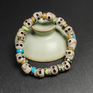 Authentic Tibetan Citipati Skulls Bead Bracelet | Unique Yak bone Carved Wrist Mala with Mixed Turquoise,Gandhanra Tibetan Jewelry