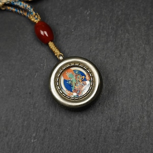 Gandhanra Vintage Green Tara Gau Ghau Shrine,Round Tibetan Buddhist Altar Amulet Pendant,Made of White Copper