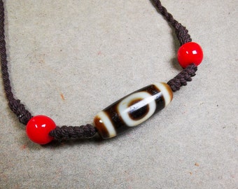 Gandhanra Antique Tibetan Dzi Bead Necklace,Sky & Earth Dzi (30 Years Old) + Agate Beads, Attract Wealth and Good Luck