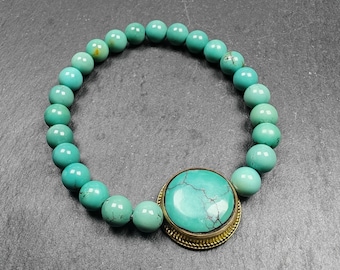 Authentic Old 7mm TURQUOISE BRACELET - TIBETAN  Beaded Wrist Mala - 19cm Perimeter