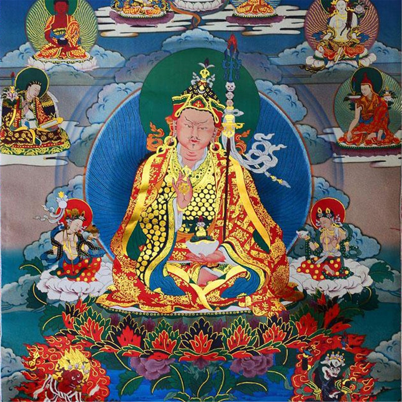 Gandhanra Bronzing Printed Thangka Art - Eight Manifestations of Guru Rinpoche,Hand Framed Tibetan Buddhist Tapestry Wall Hanging