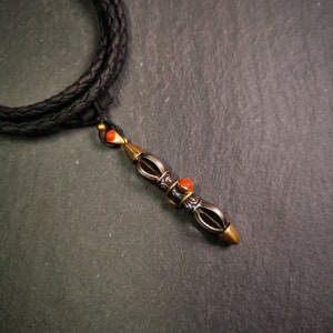 Gandhanra Tibetan Buddhist Amulet,Vajra Dorje Pendant, Made of Cold Iron,Inlaid with Agate,1.96"