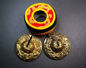 Gandhanra 6.5cm Tibetan Cymbals,Tingsha Bell,Buddhism Ritual Implement,Handmade in Nepal, 2 Dragon Pattern