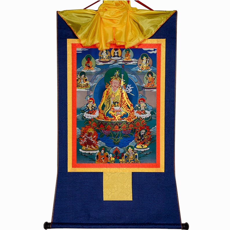 Gandhanra Bronzing Printed Thangka Art - Eight Manifestations of Guru Rinpoche,Hand Framed Tibetan Buddhist Tapestry Wall Hanging