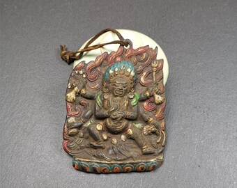 Gandhanra Antique Tibetan Buddha Statue,Mahakala Amulet Badge, Buddhist Protector Deity, Made of Thokcha