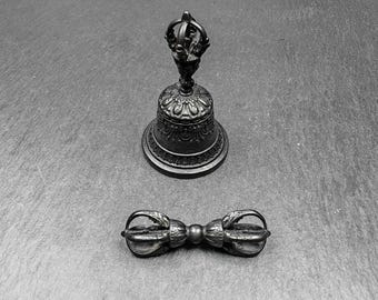 Old Vajra and Bell Set - Tibetan Tantric Buddhism Ritual Implement - 5cm Mini Type